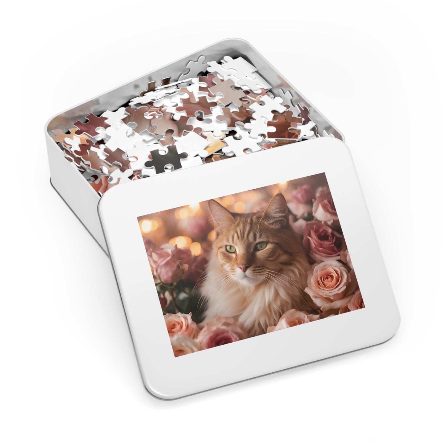 Luxury Puzzle - Brown & beige cat with green eyes laying on pink roses. Exquisitely designed. (Satin-500 pcs)