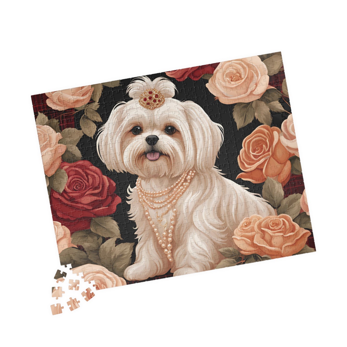 Luxury Puzzle - Shih Tzu Dog with Pearls and Roses. Exquisite, Cream-Colored Design, (Glossy-520 pcs)