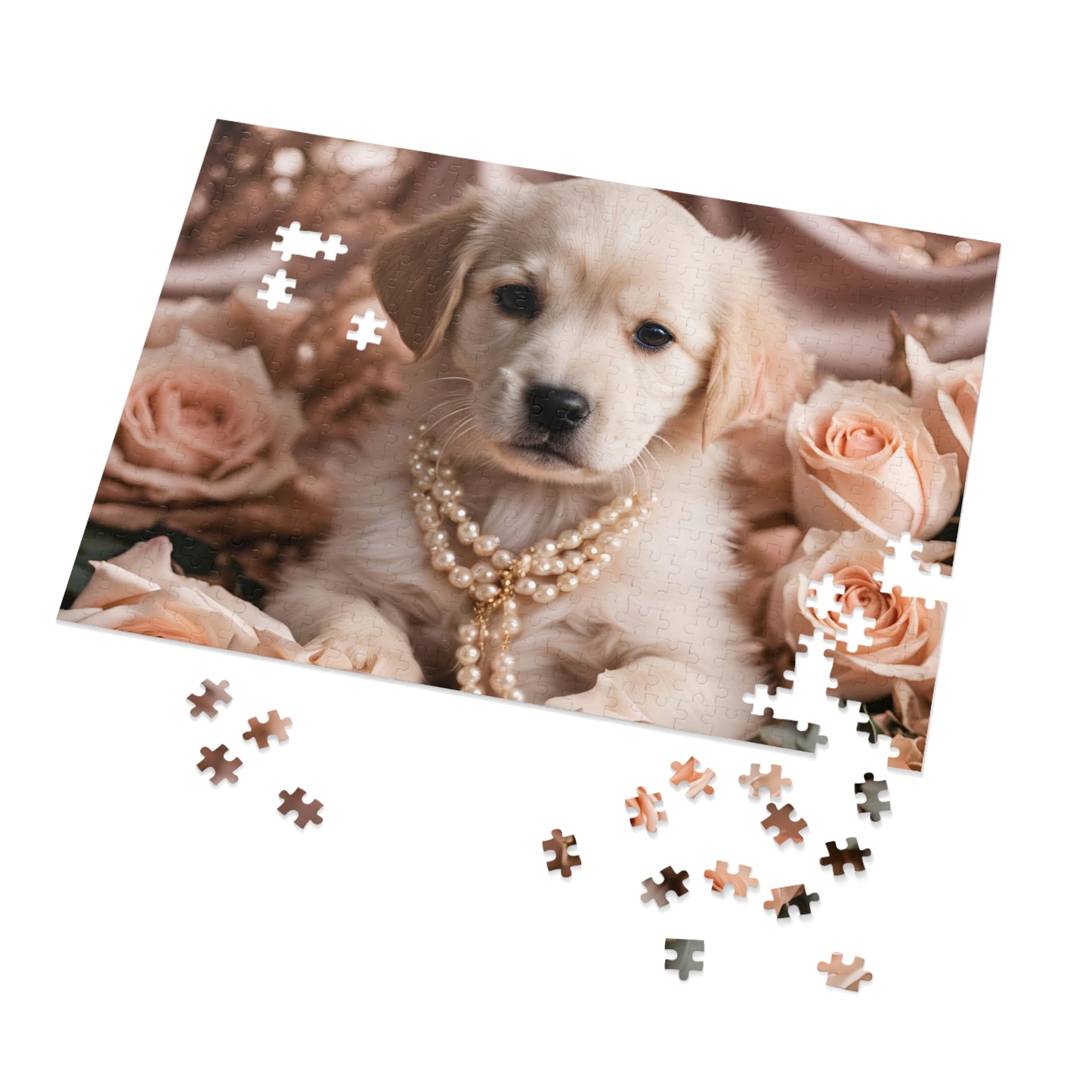 Luxury Puzzle - Cream Labrador Retriever with pearls surrounded by peach roses.  Exquisite Design. (Satin/Matte-500 pcs)