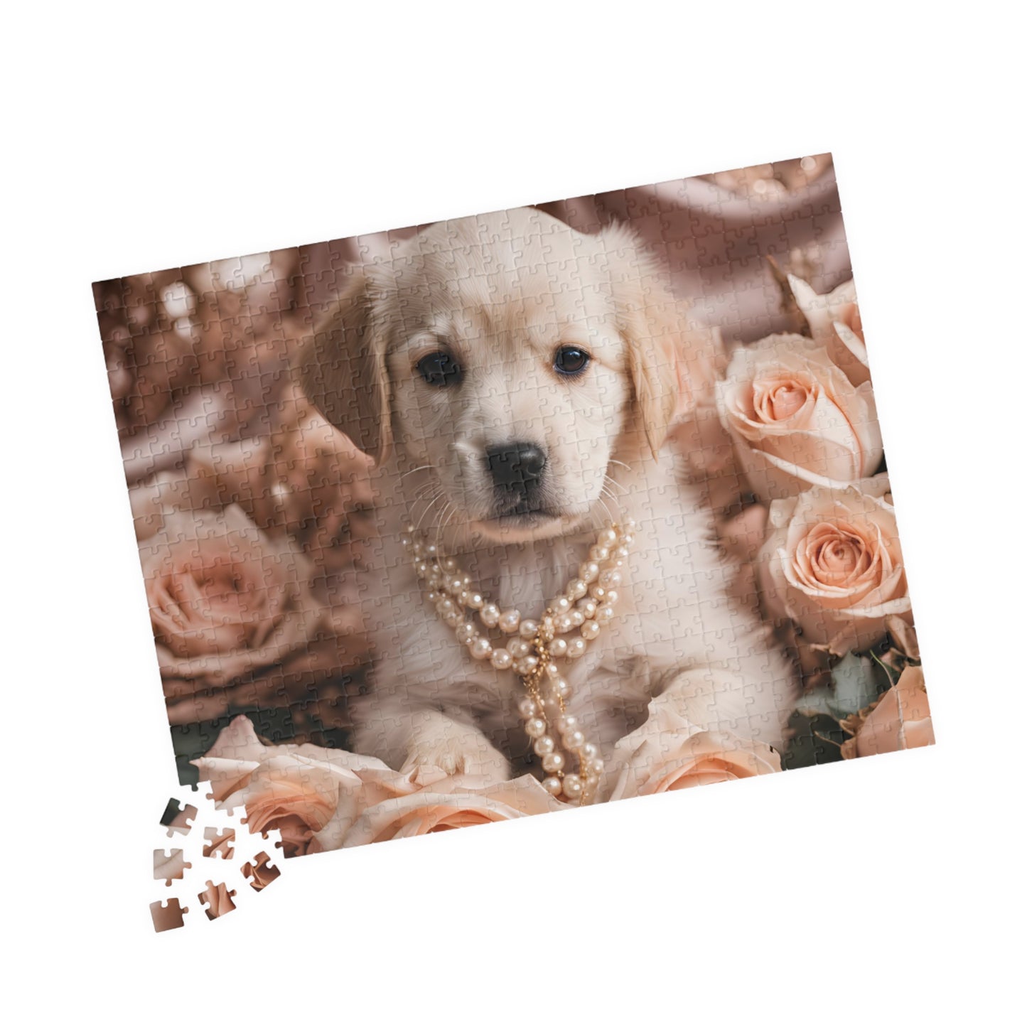 Luxury Puzzle - Cream Labrador Retriever with pearls surrounded by peach roses.  Exquisite Design. (Glossy-520 pcs)