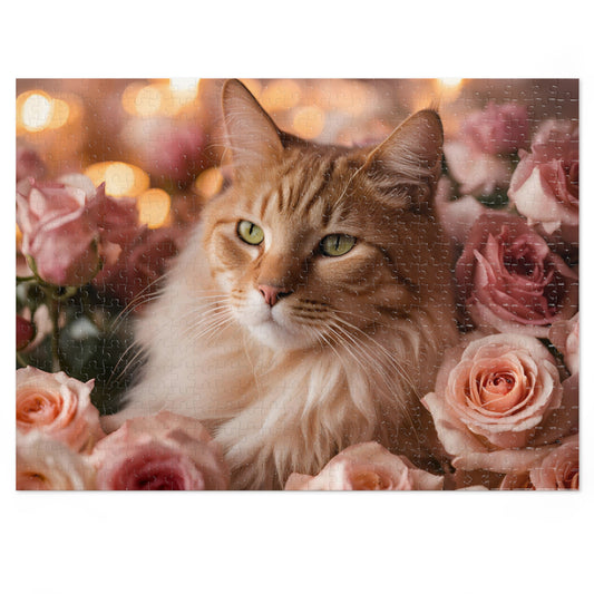 Luxury Puzzle - Brown & beige cat with green eyes laying on pink roses. Exquisitely designed. (Satin-500 pcs)