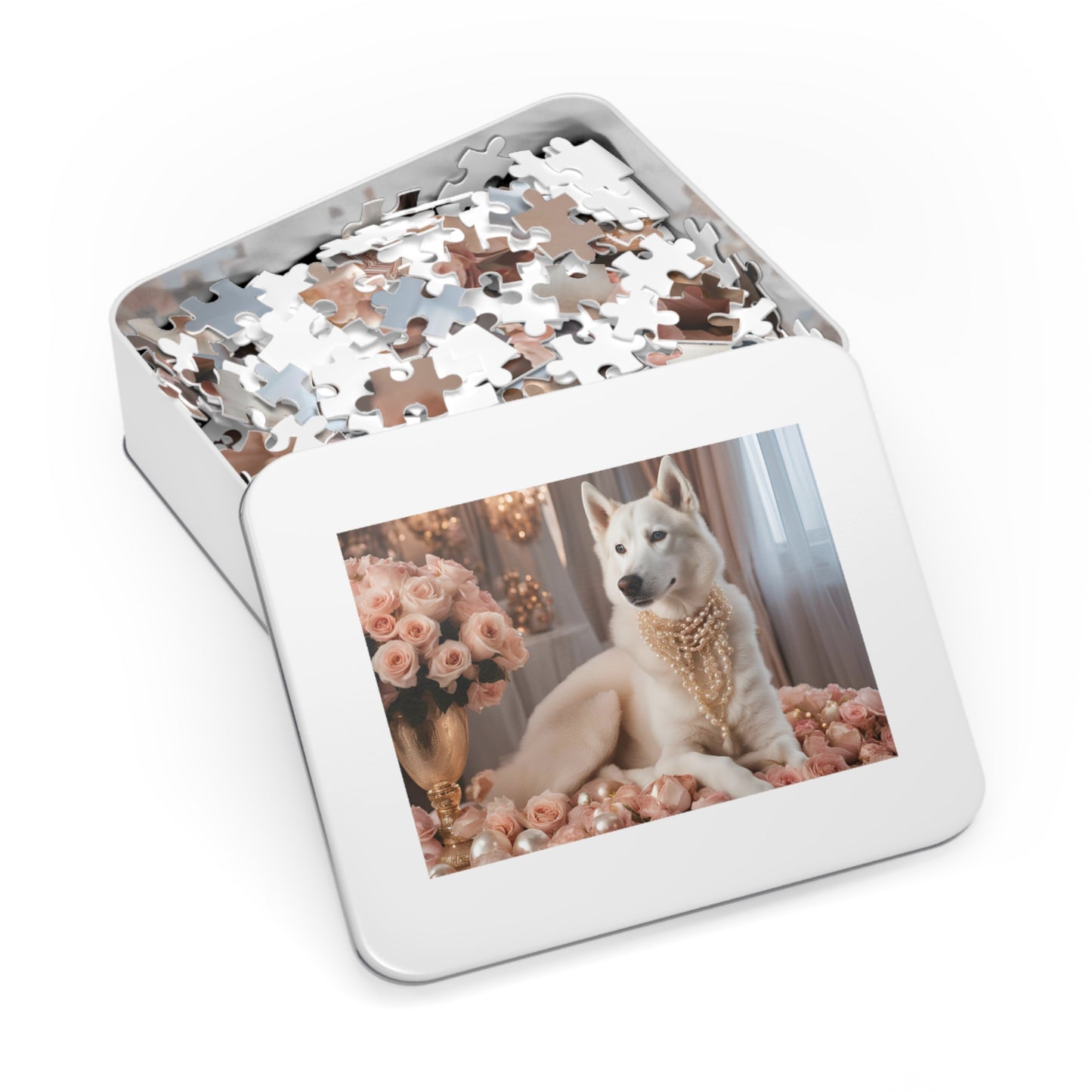 Luxury Puzzle - White Husky wearing pearl necklace sitting on roses and Christmas ornaments.  Exquisite Design. (Satin-500 pcs)