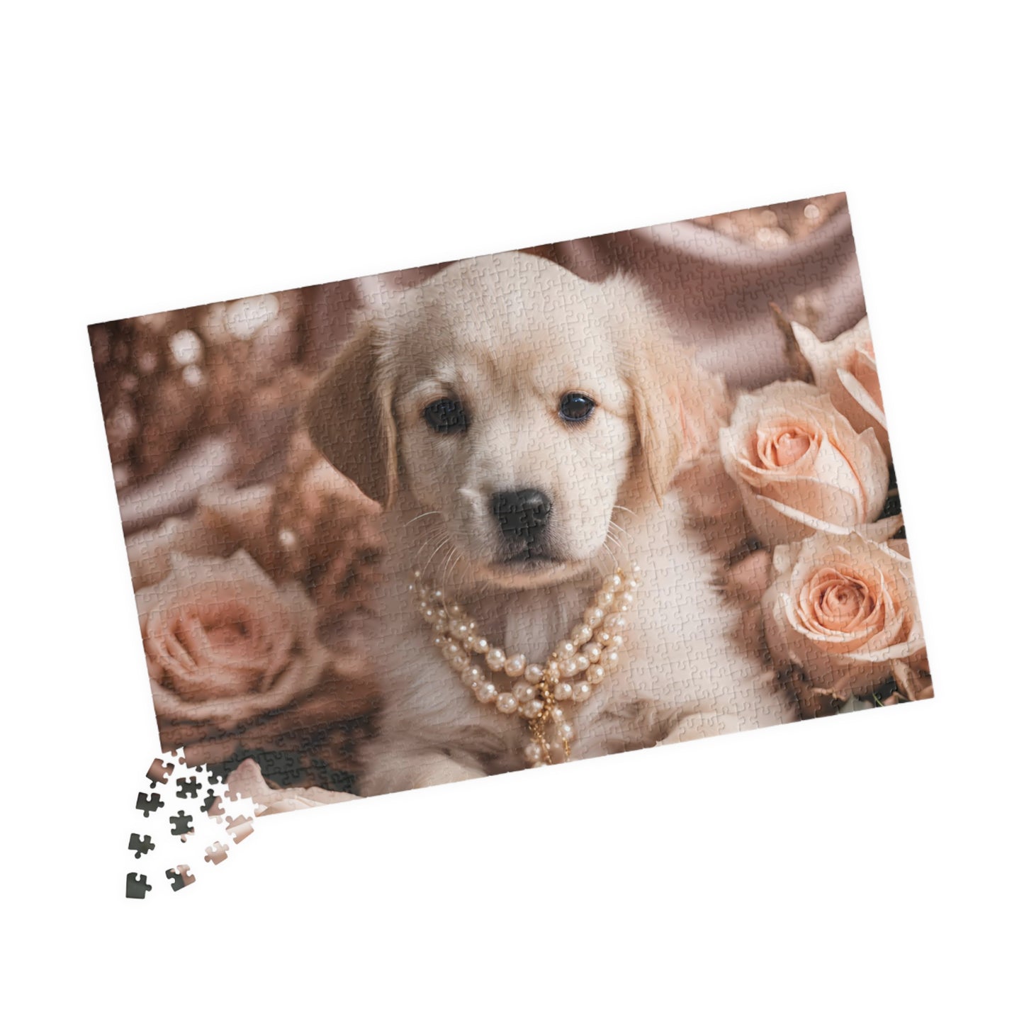 Luxury Puzzle - Cream Labrador Retriever with pearls surrounded by peach roses.  Exquisite Design. (Glossy-1014 pcs)