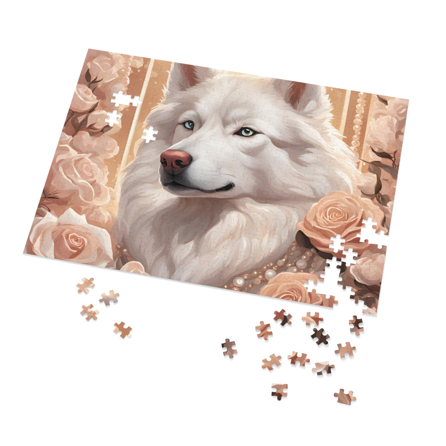 Luxury Puzzle - Cream & White Husky with ice-blue eyes, surrounded by roses.  Exquisite Design. (Satin-500 pcs)