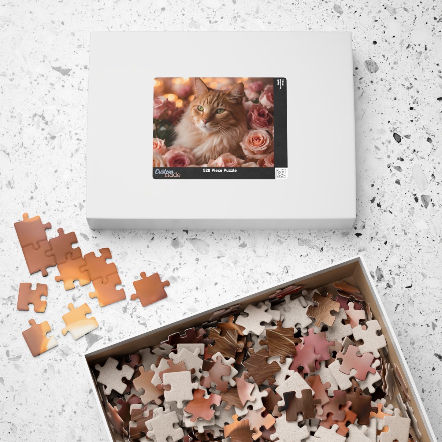 Luxury Puzzle - Brown & beige cat with green eyes laying three shades of pink roses. Exquisite Design (Glossy Laminate-520 pcs)