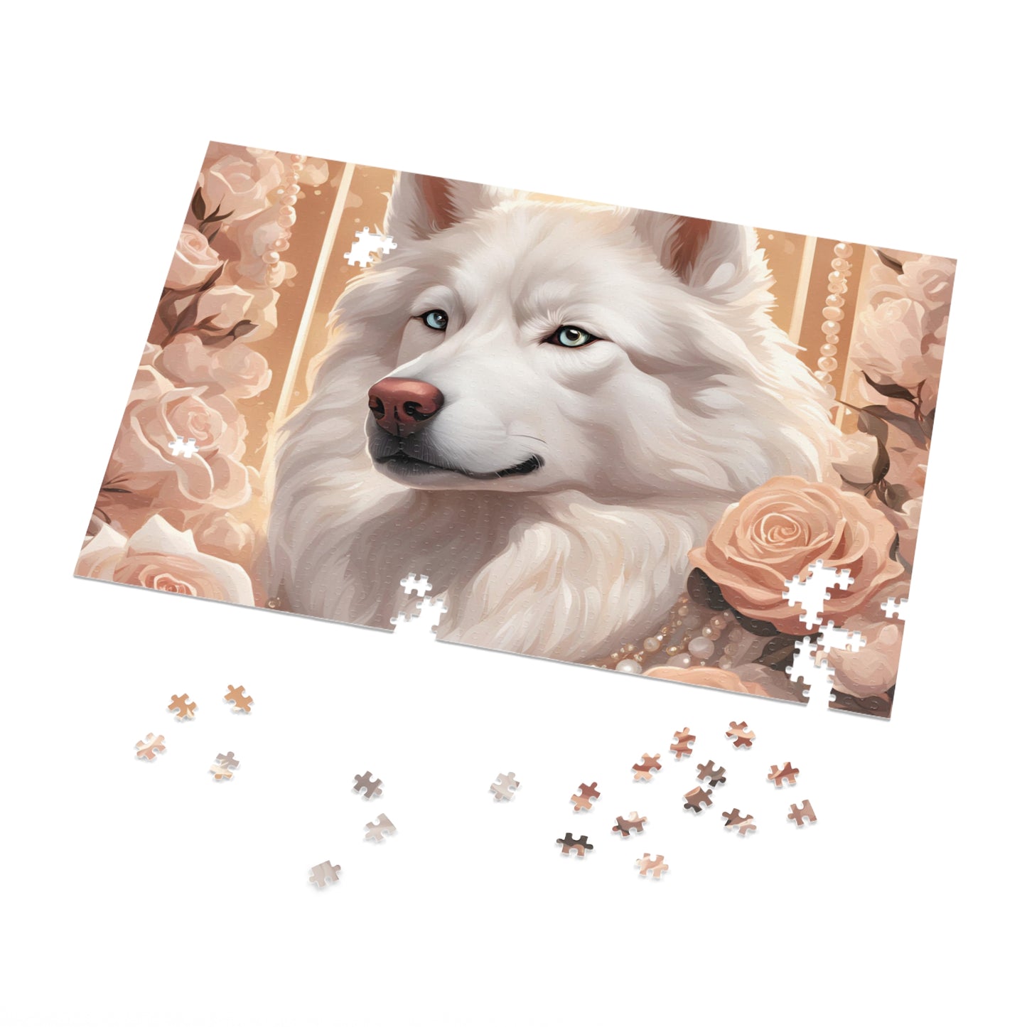 Luxury Puzzle - Cream & White Husky with ice-blue eyes, surrounded by roses.  Exquisite Design. (Satin-1000 pcs)