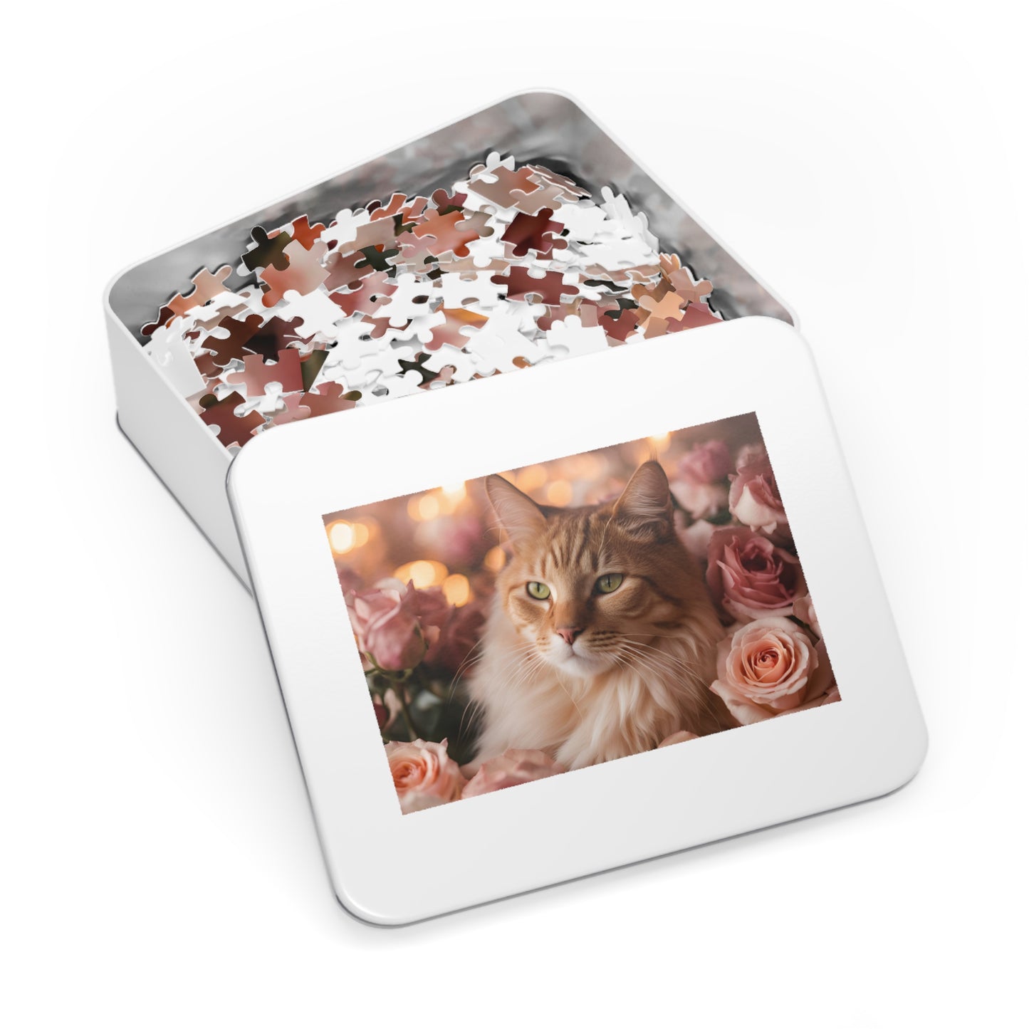 Luxury Puzzle - Brown & beige cat with green eyes laying in a bed of pink roses. Exquisitely designed (Satin-1000 pcs)