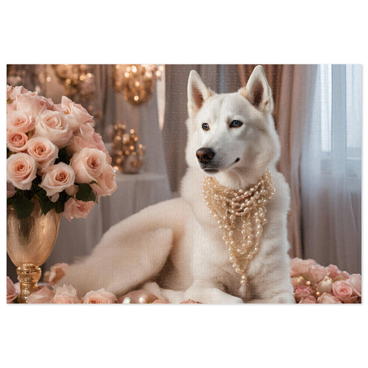 Luxury Puzzle - White Husky wearing pearl necklace sitting on roses and Christmas ornaments.  Exquisite Design. (Satin-1000 pcs)