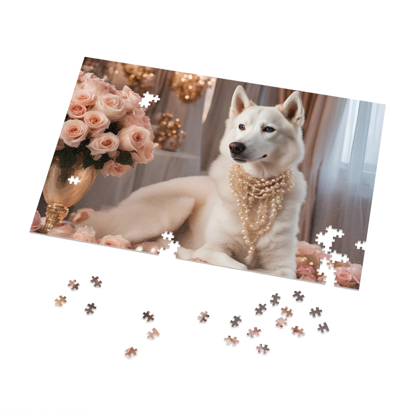 Luxury Puzzle - White Husky wearing pearl necklace sitting on roses and Christmas ornaments.  Exquisite Design. (Satin-1000 pcs)