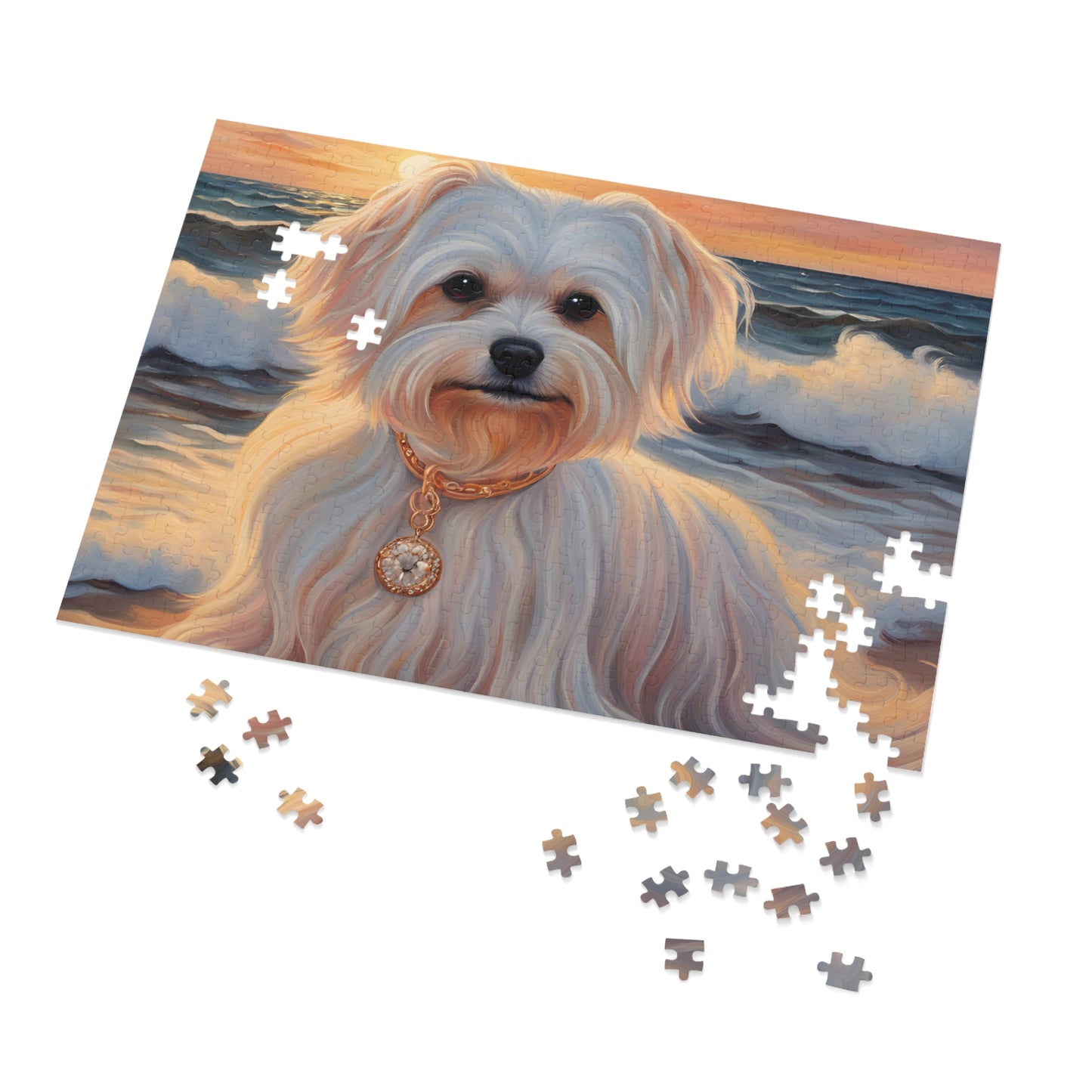 Luxury Puzzle - White Maltese with gold-pendant necklace on the beach. Exquisite Design (Satin-500 pcs)