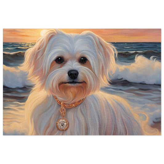 Luxury Puzzle - White Maltese with gold-pendant necklace on the beach. Exquisite Design, (Satin-1000 pcs)