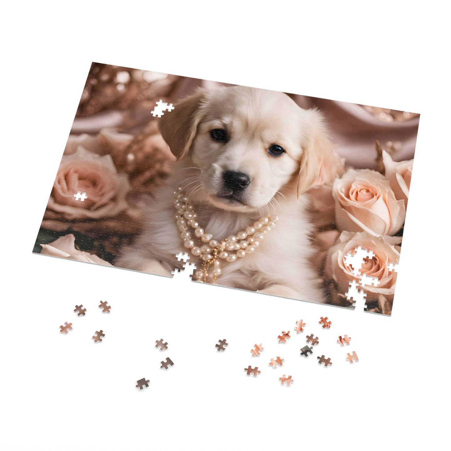 Luxury Puzzle - Cream Labrador Retriever with pearls surrounded by peach roses.  Exquisite Design. [Satin/matte-1000 pcs]