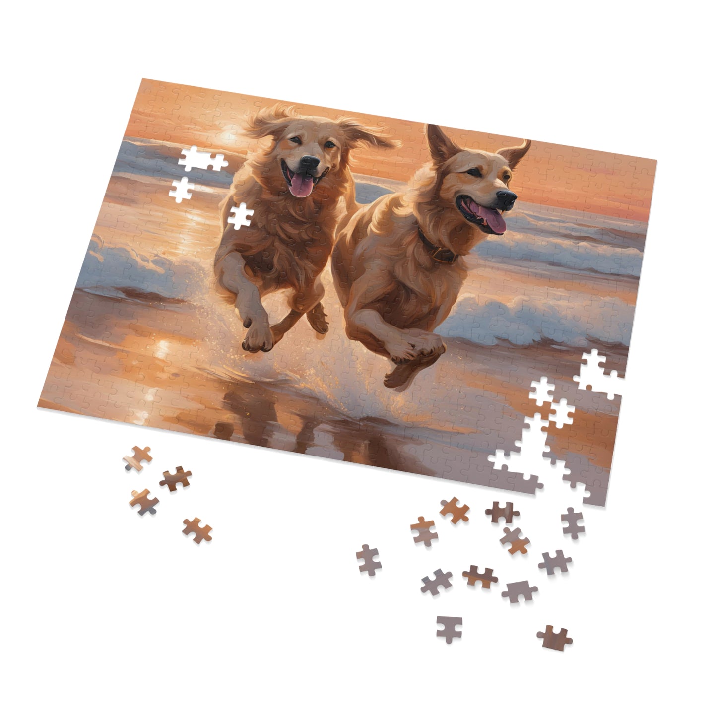 Luxury Puzzle - Two Golden Retrievers Running on the beach. Exquisitely designed painting (Satin-500 pcs)