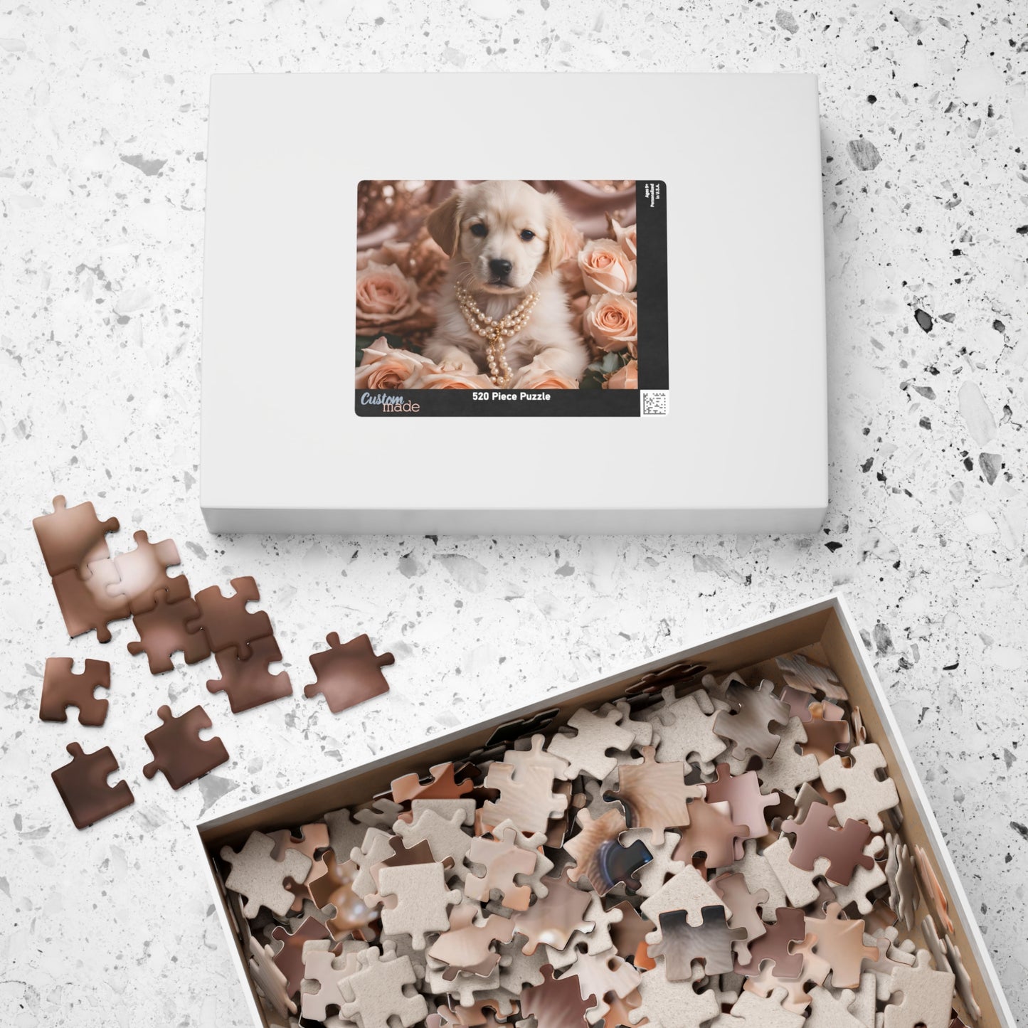 Luxury Puzzle - Cream Labrador Retriever with pearls surrounded by peach roses.  Exquisite Design. (Glossy-520 pcs)