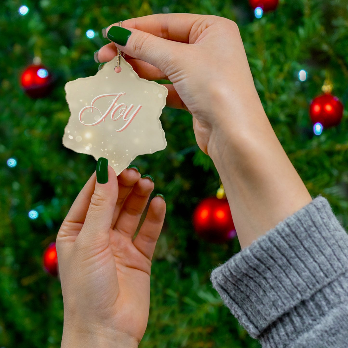 Christmas Ceramic Ornament - Joy with Marble and Gold Dust Background, 4 Shapes