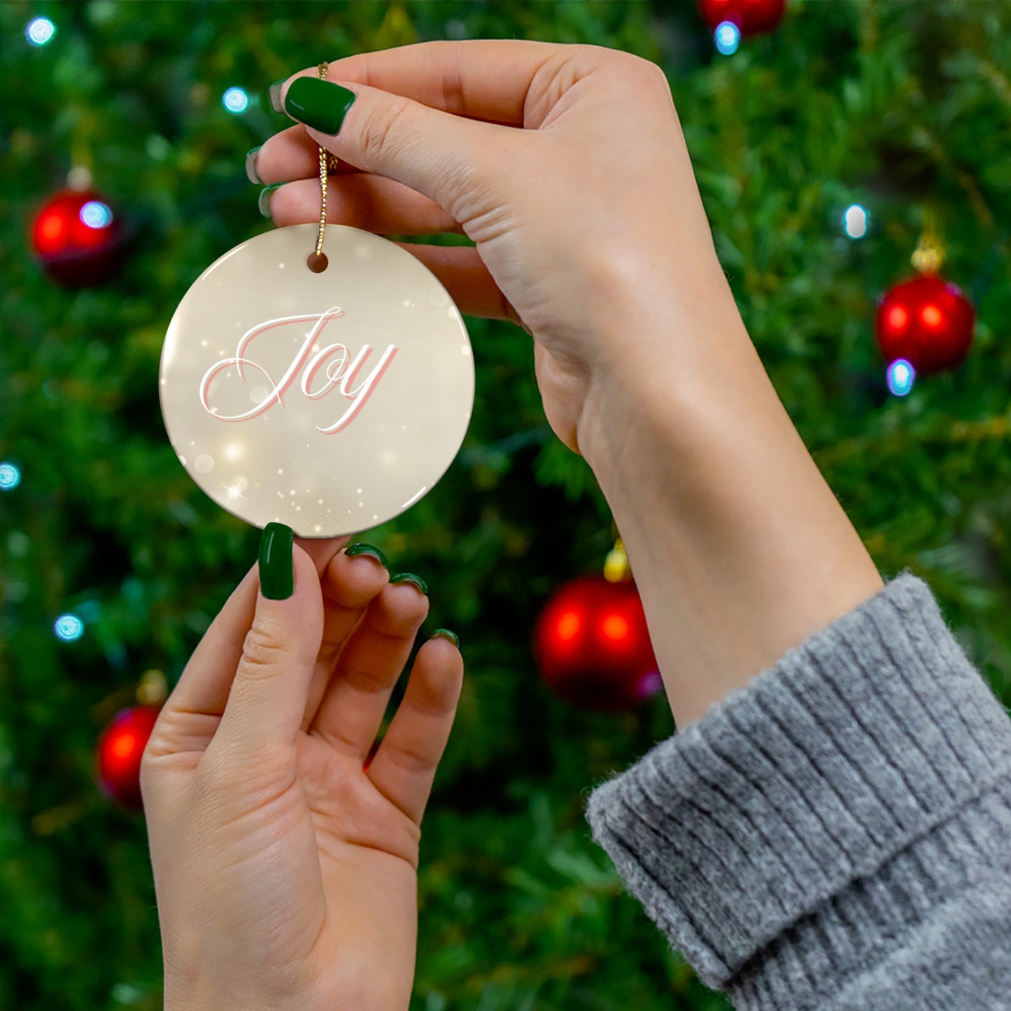 Christmas Ceramic Ornament - Joy with Marble and Gold Dust Background, 4 Shapes