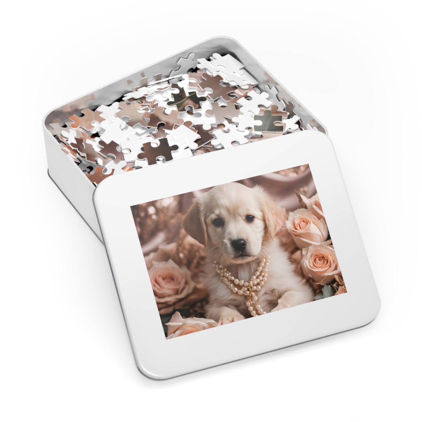 Luxury Puzzle - Cream Labrador Retriever with pearls surrounded by peach roses.  Exquisite Design. (Satin/Matte-500 pcs)