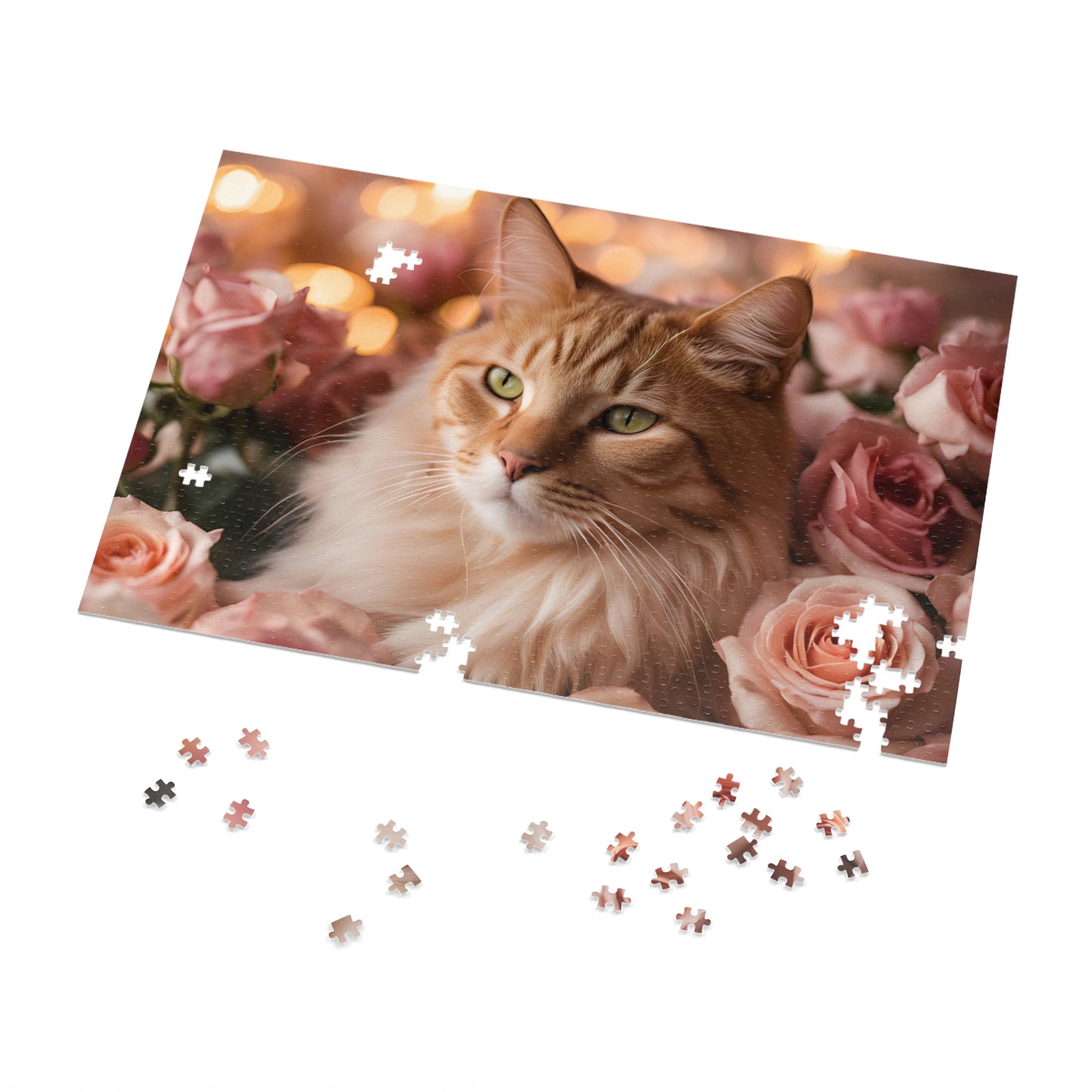 Luxury Puzzle - Brown & beige cat with green eyes laying in a bed of pink roses. Exquisitely designed (Satin-1000 pcs)