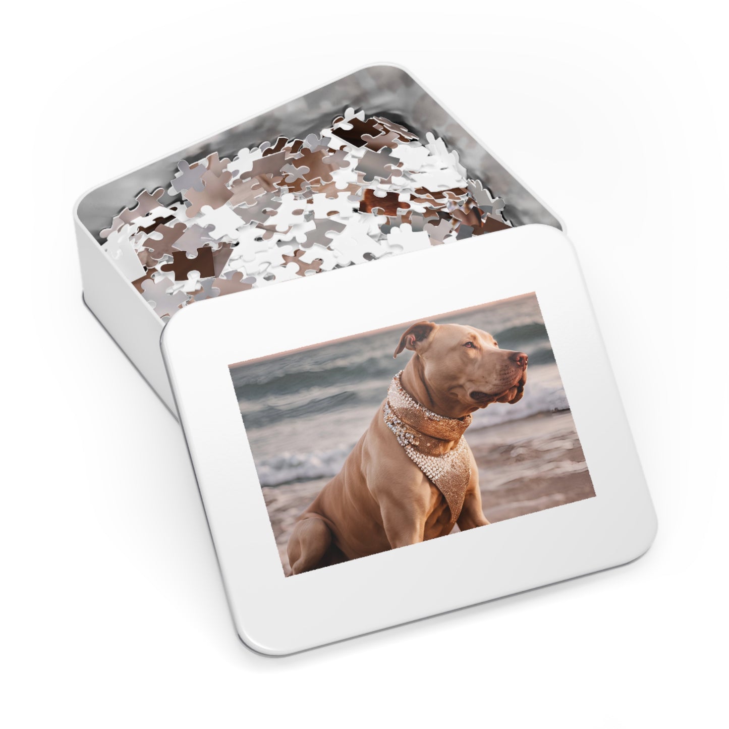 Luxury Puzzle - Brown Pit Bull Terrier on the beach with elegant, brown scarf. Exquisite Design (Satin-1000 pcs)