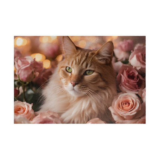 Luxury Puzzle - Brown & beige cat with green eyes laying three shades of pink roses. Exquisitely Designed (Glossy Laminate-1014 pcs)