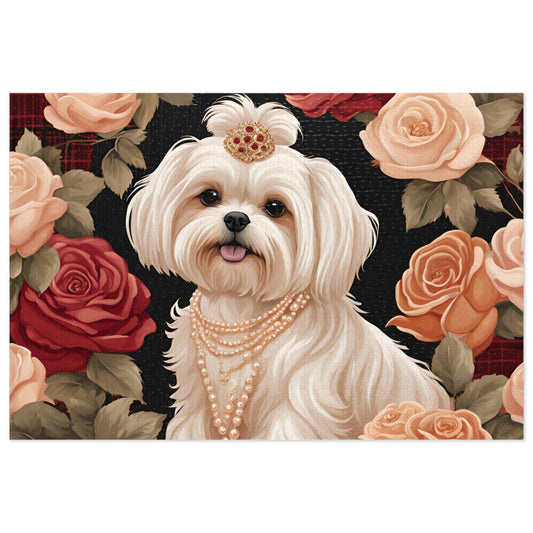 Luxury Puzzle - Shihitzu Dog with Pearls and Roses. Exquisite, Cream-Colored Design. Satin/Matte-1,000 pcs