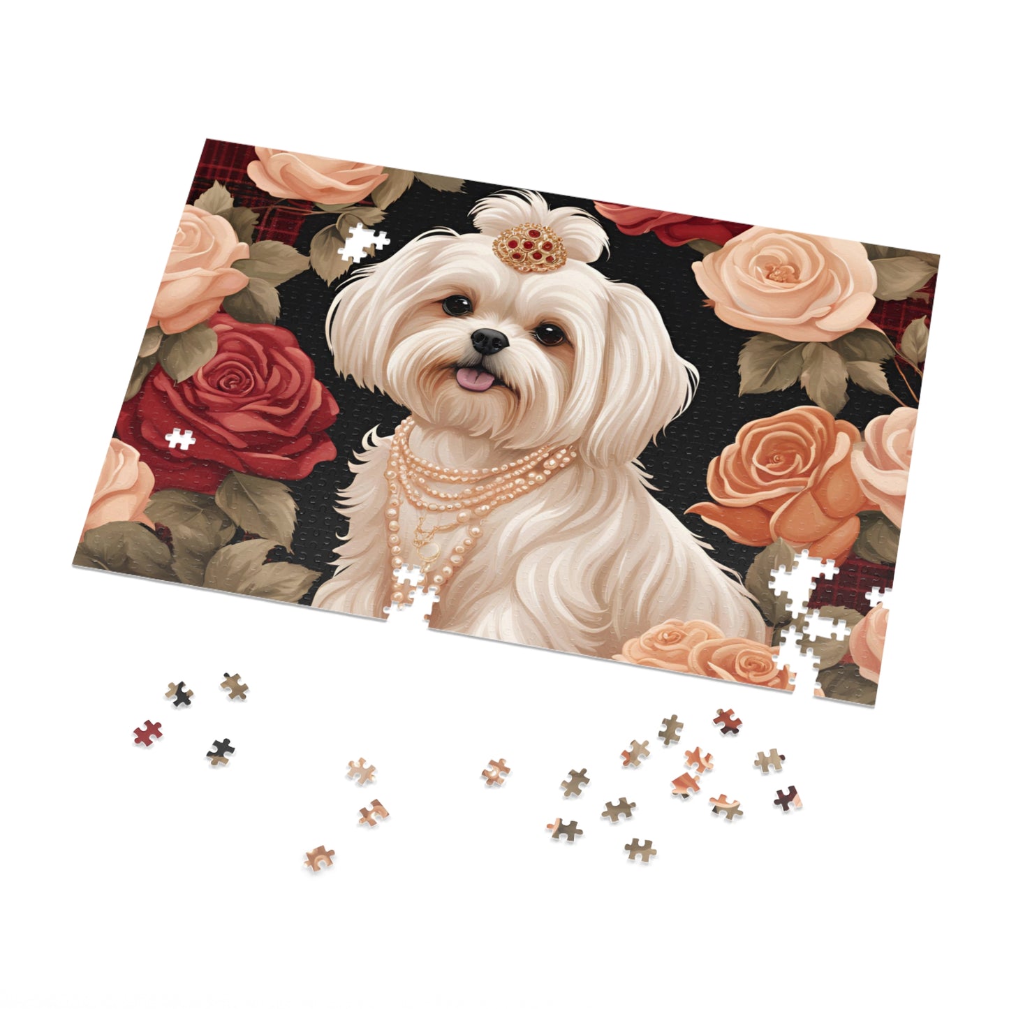 Luxury Puzzle - Shihitzu Dog with Pearls and Roses. Exquisite, Cream-Colored Design. Satin/Matte-1,000 pcs