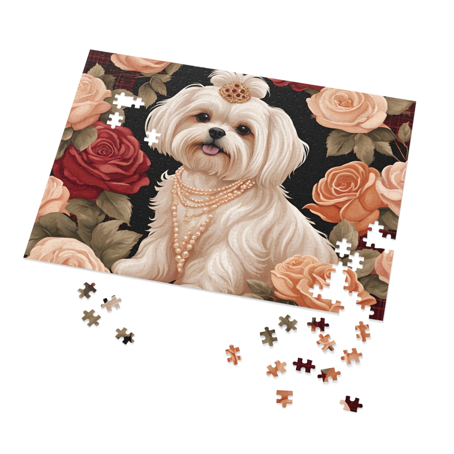 Luxury Puzzle - Shih Tzu Dog with Pearls and Roses. Exquisite, Cream-Colored Design, (Satin/Matte-500 pcs)