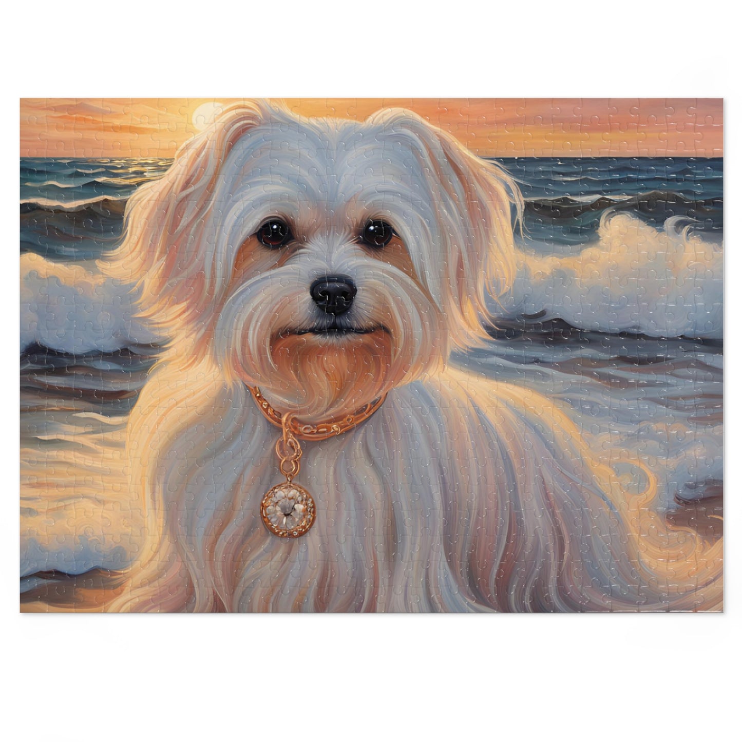 Luxury Puzzle - White Maltese with gold-pendant necklace on the beach. Exquisite Design (Satin-500 pcs)