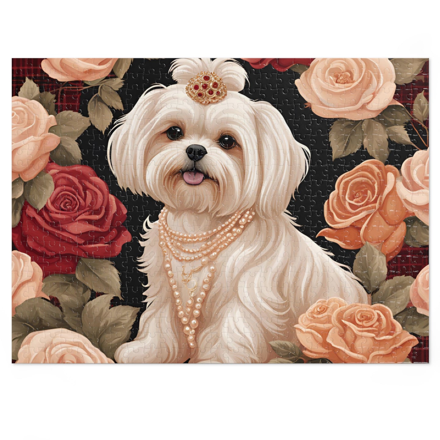 Luxury Puzzle - Shih Tzu Dog with Pearls and Roses. Exquisite, Cream-Colored Design, (Satin/Matte-500 pcs)