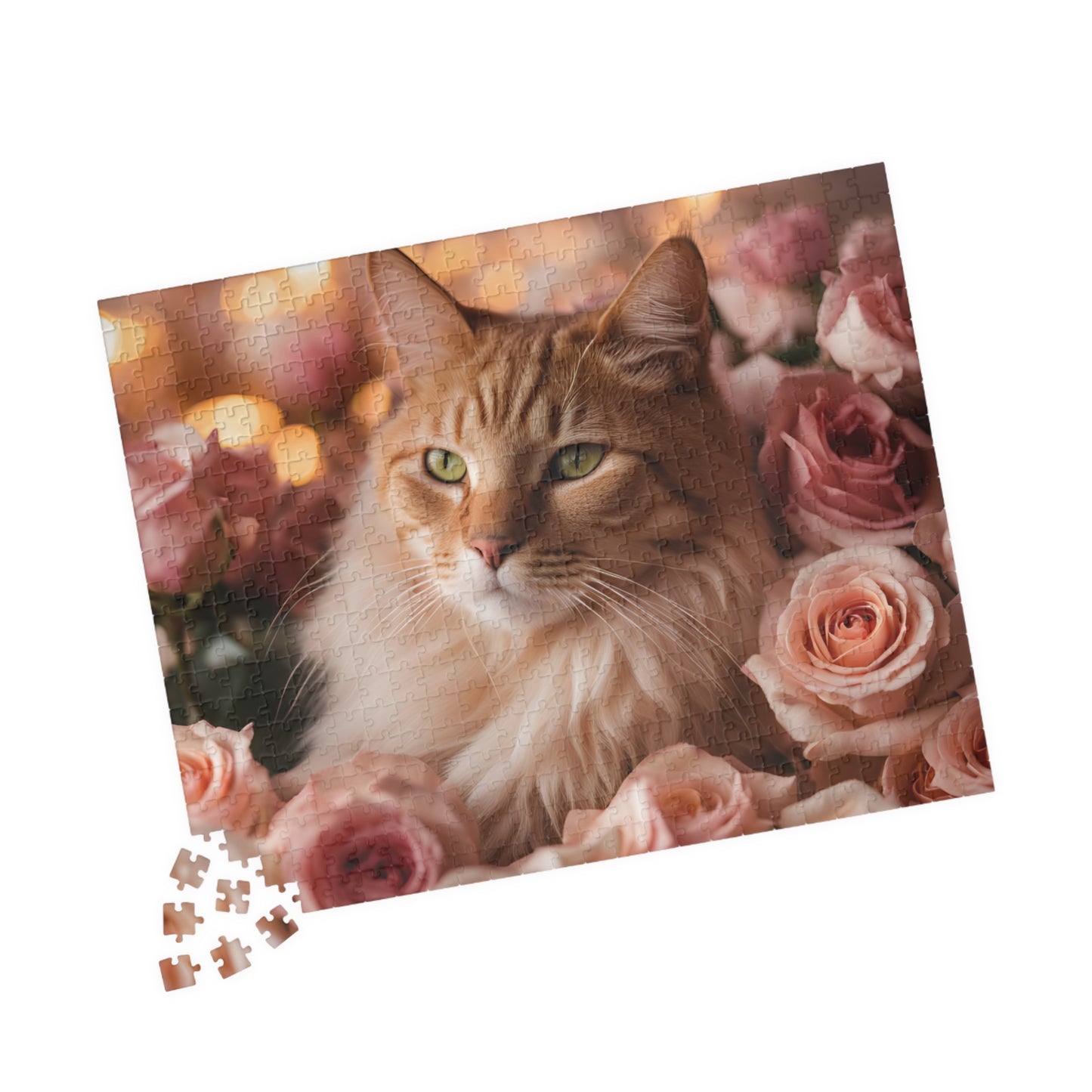 Luxury Puzzle - Brown & beige cat with green eyes laying three shades of pink roses. Exquisite Design (Glossy Laminate-520 pcs)