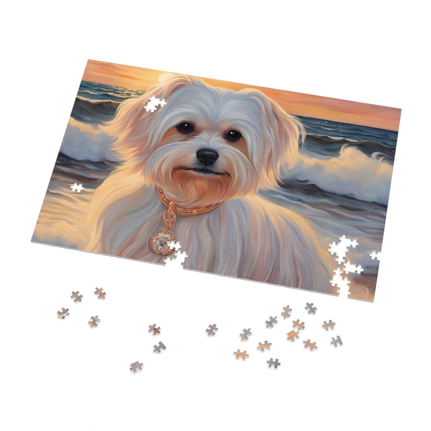 Luxury Puzzle - White Maltese with gold-pendant necklace on the beach. Exquisite Design, (Satin-1000 pcs)