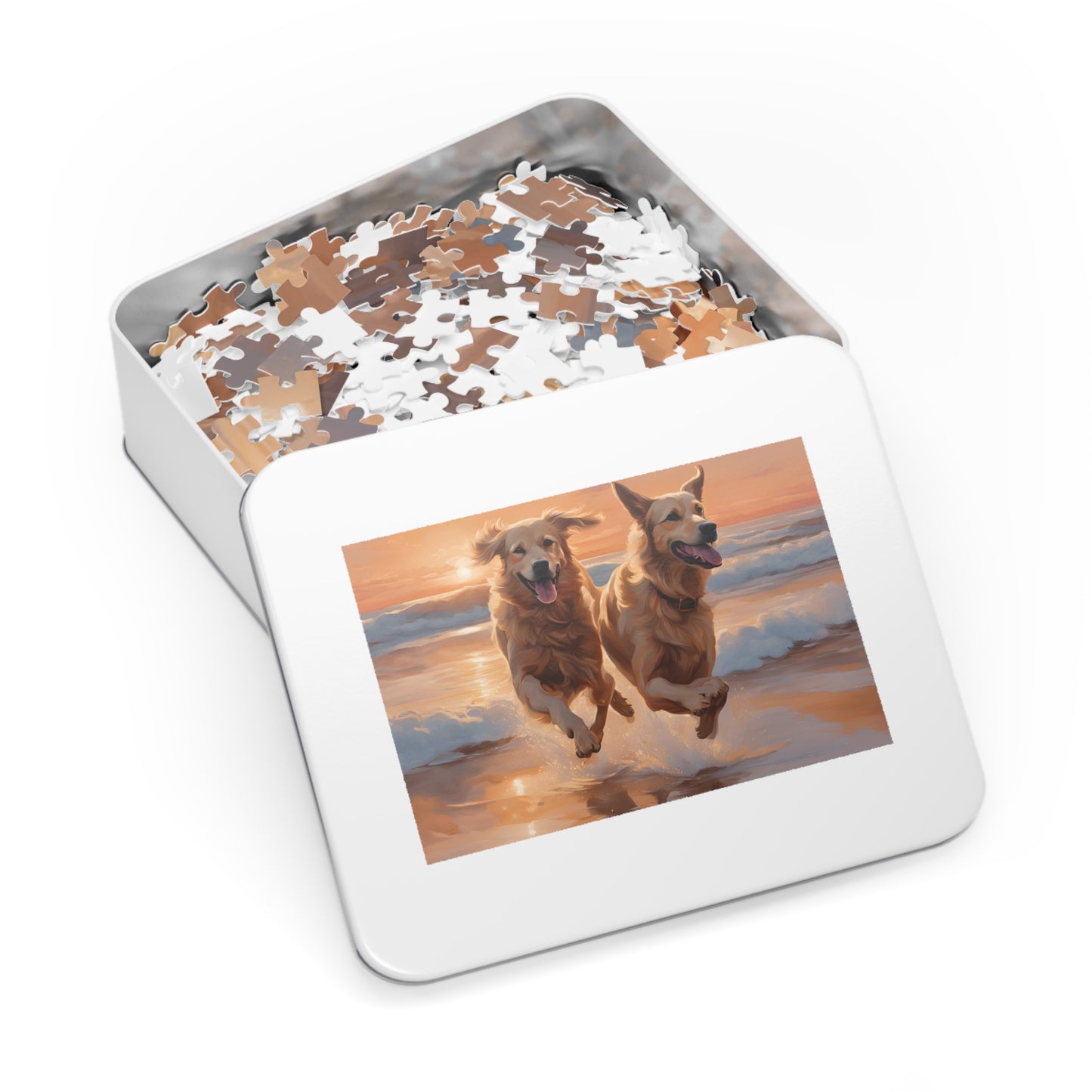 Luxury Puzzle - Two Golden Retrievers Running on the beach. Exquisitely designed painting (Satin-1000 pcs)