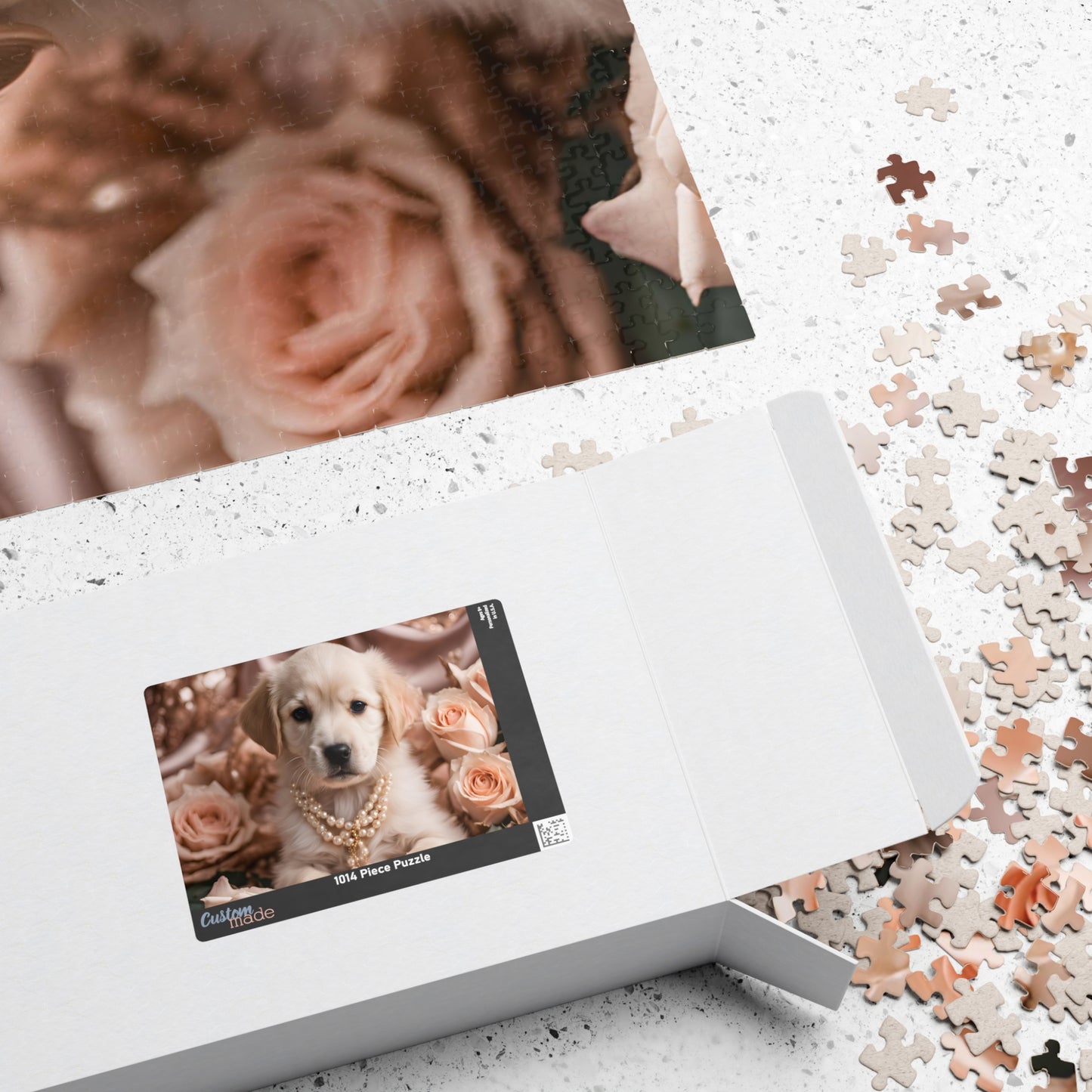 Luxury Puzzle - Cream Labrador Retriever with pearls surrounded by peach roses.  Exquisite Design. (Glossy-1014 pcs)