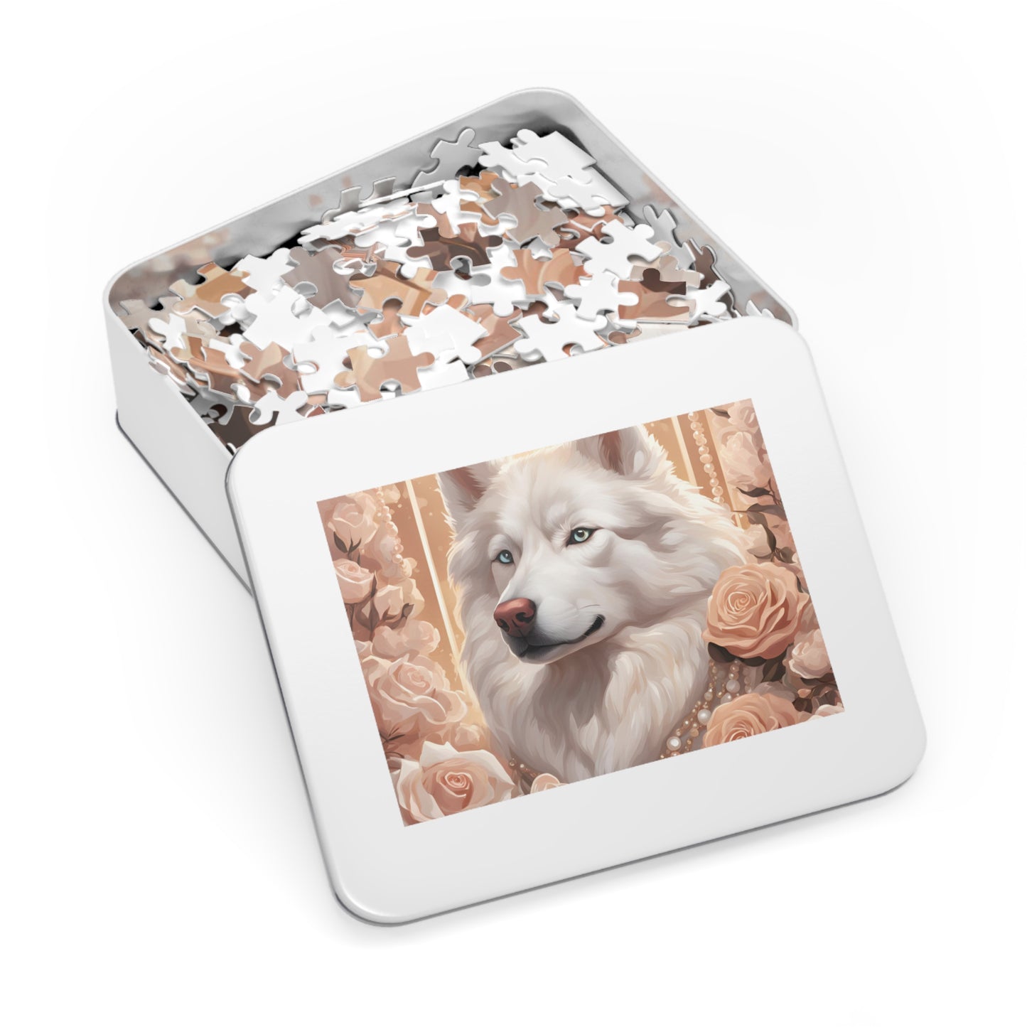 Luxury Puzzle - Cream & White Husky with ice-blue eyes, surrounded by roses.  Exquisite Design. (Satin-500 pcs)