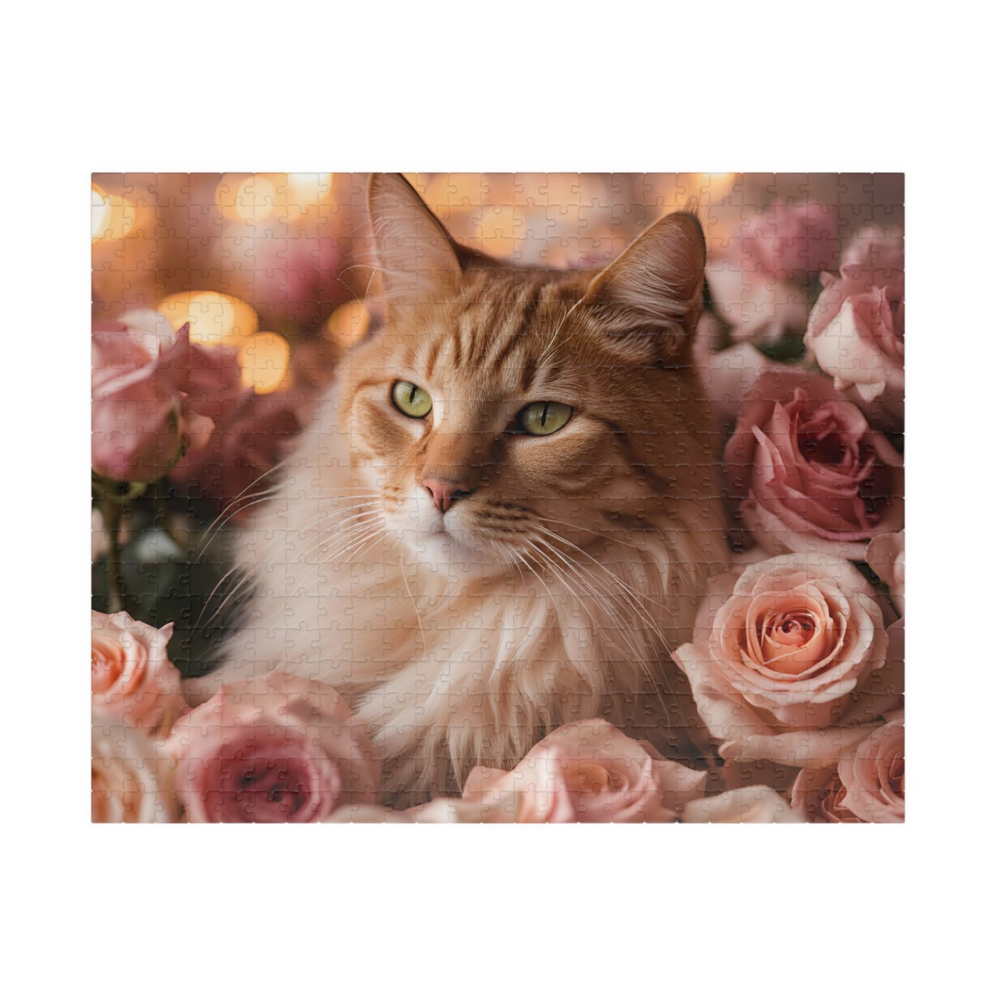 Luxury Puzzle - Brown & beige cat with green eyes laying three shades of pink roses. Exquisite Design (Glossy Laminate-520 pcs)