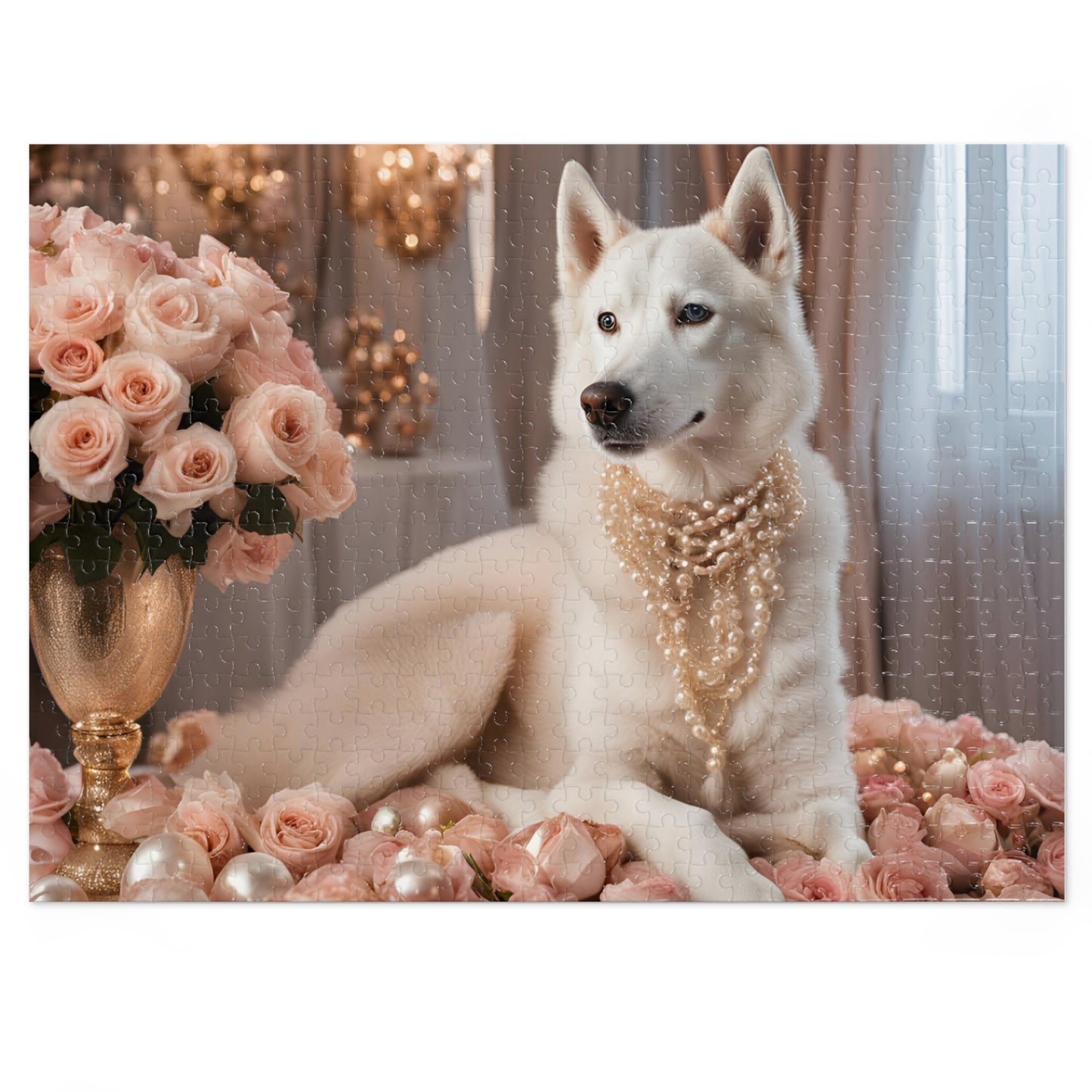 Luxury Puzzle - White Husky wearing pearl necklace sitting on roses and Christmas ornaments.  Exquisite Design. (Satin-500 pcs)