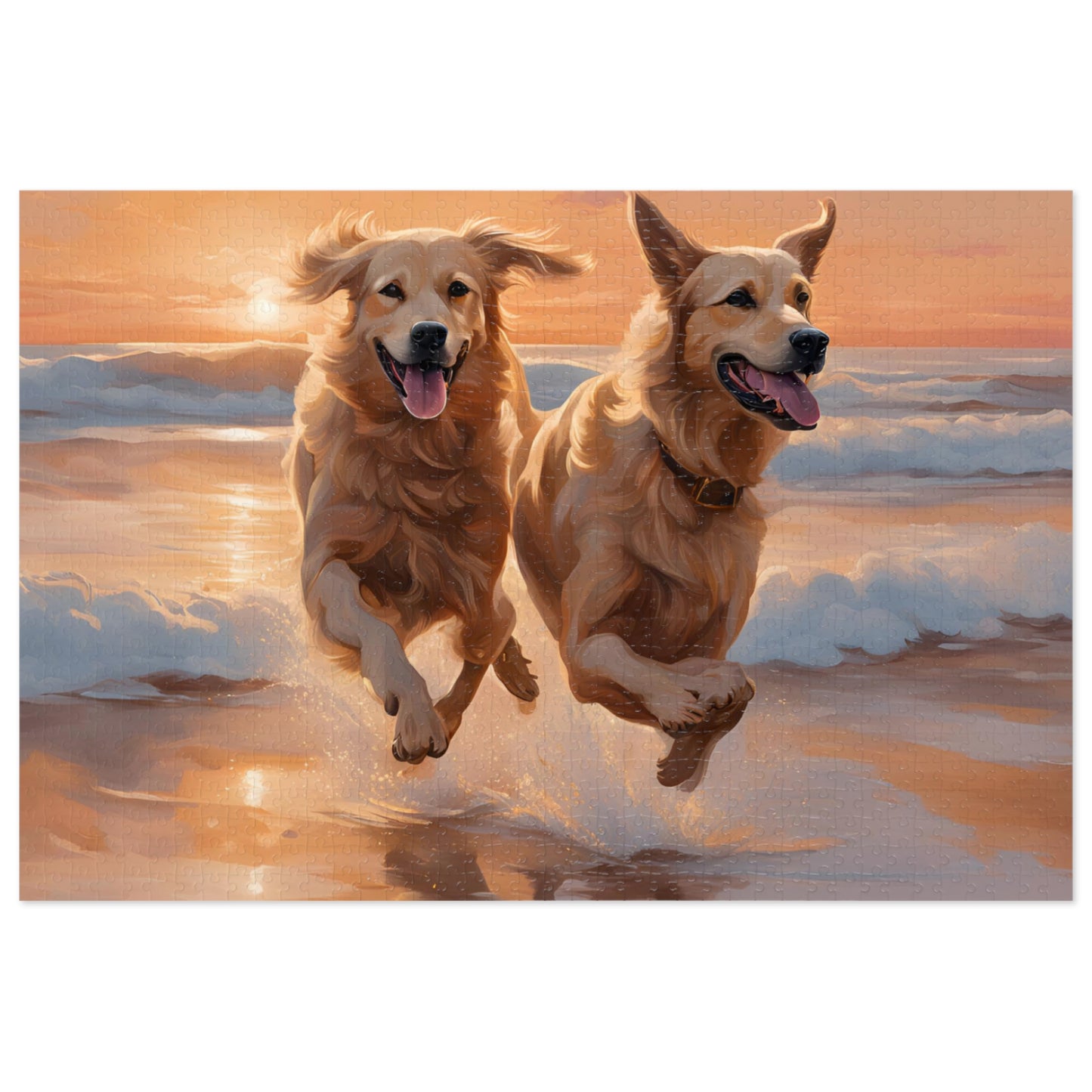 Luxury Puzzle - Two Golden Retrievers Running on the beach. Exquisitely designed painting (Satin-1000 pcs)