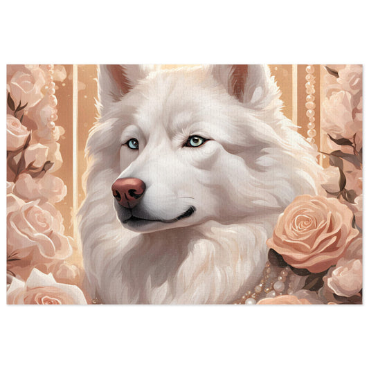 Luxury Puzzle - Cream & White Husky with ice-blue eyes, surrounded by roses.  Exquisite Design. (Satin-1000 pcs)