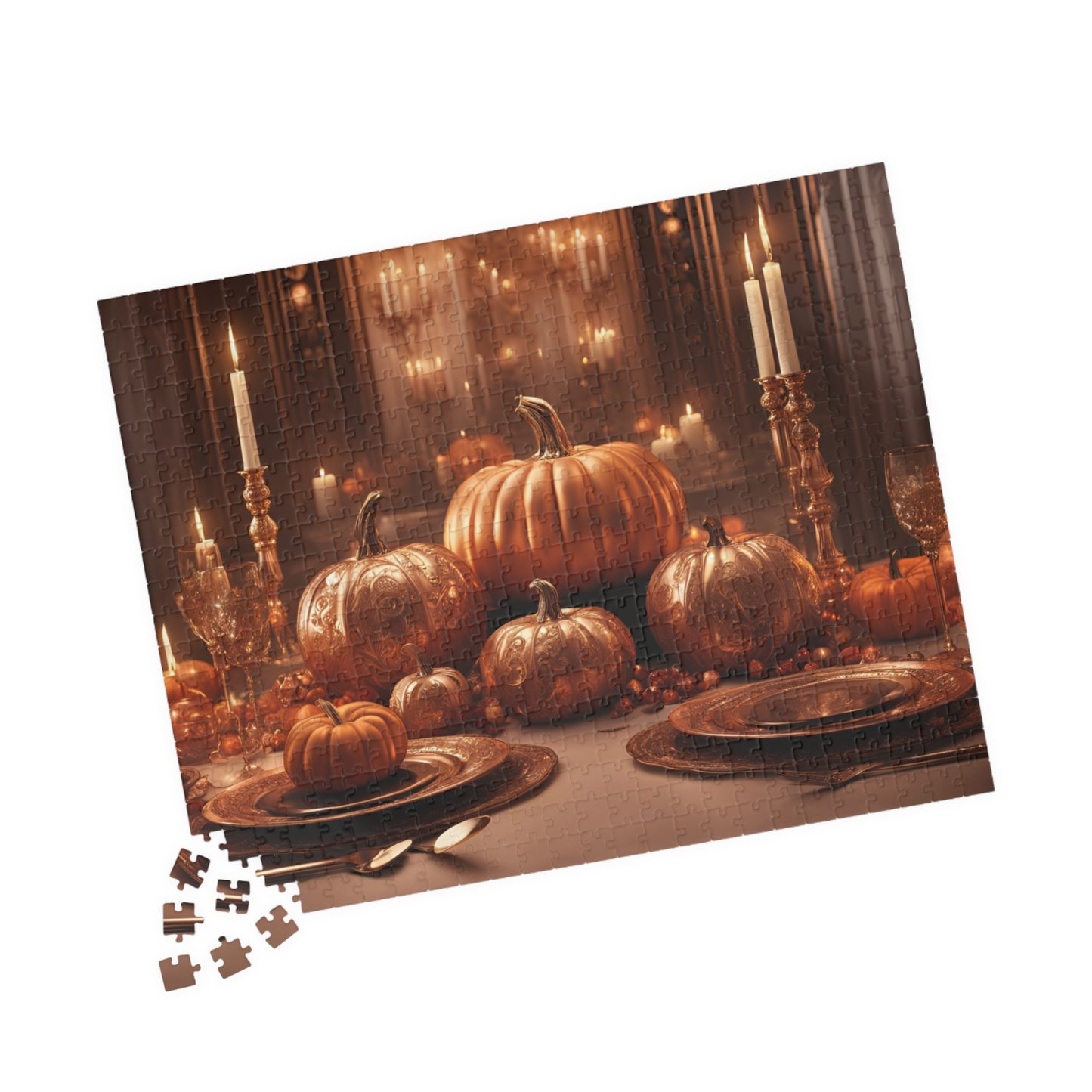 Puzzle - Festive Fall Golden Table Set with Pumpkins and Candles (glossy laminate finish-520 pcs)