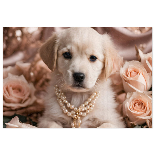 Luxury Puzzle - Cream Labrador Retriever with pearls surrounded by peach roses.  Exquisite Design. [Satin/matte-1000 pcs]