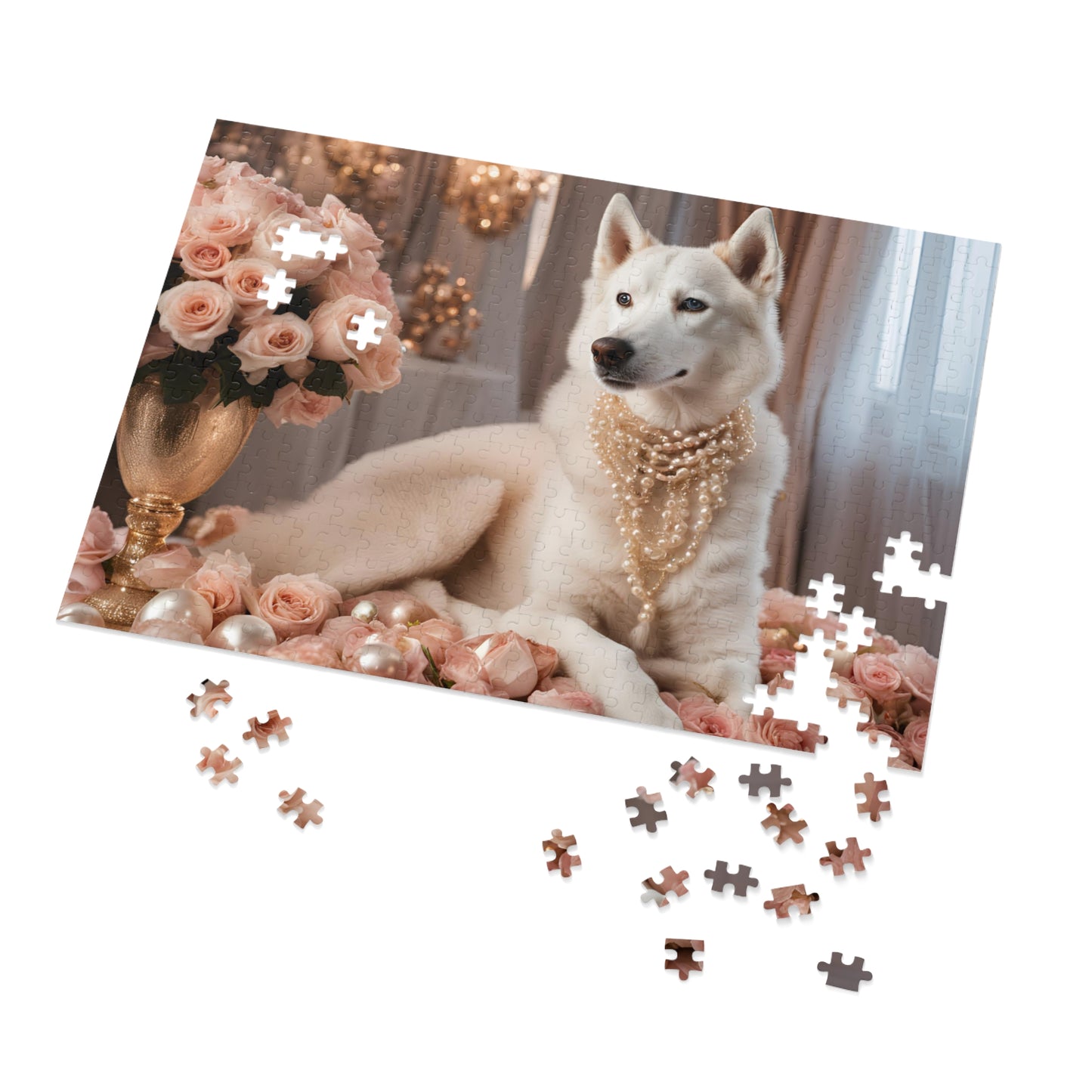 Luxury Puzzle - White Husky wearing pearl necklace sitting on roses and Christmas ornaments.  Exquisite Design. (Satin-500 pcs)