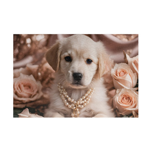 Luxury Puzzle - Cream Labrador Retriever with pearls surrounded by peach roses.  Exquisite Design. (Glossy-1014 pcs)