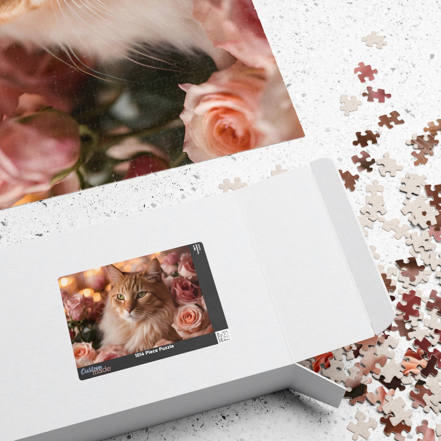 Luxury Puzzle - Brown & beige cat with green eyes laying three shades of pink roses. Exquisitely Designed (Glossy Laminate-1014 pcs)