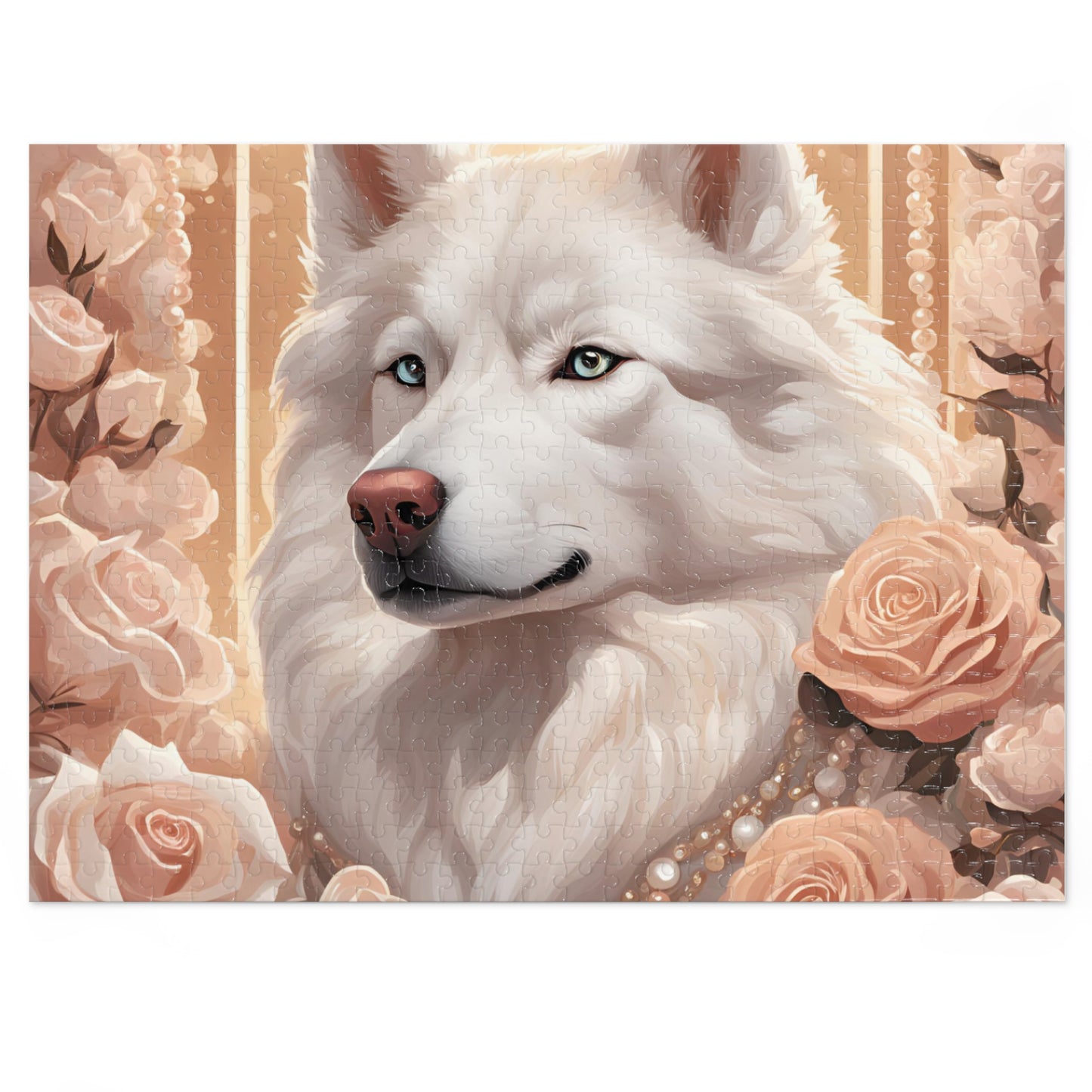 Luxury Puzzle - Cream & White Husky with ice-blue eyes, surrounded by roses.  Exquisite Design. (Satin-500 pcs)