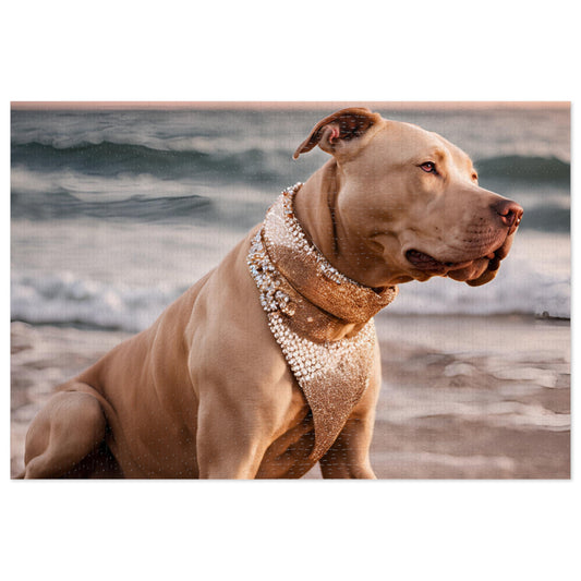 Luxury Puzzle - Brown Pit Bull Terrier on the beach with elegant, brown scarf. Exquisite Design (Satin-1000 pcs)