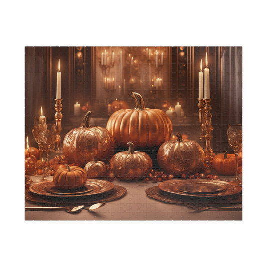 Puzzle - Festive Fall Golden Table Set with Pumpkins and Candles (glossy laminate finish-520 pcs)