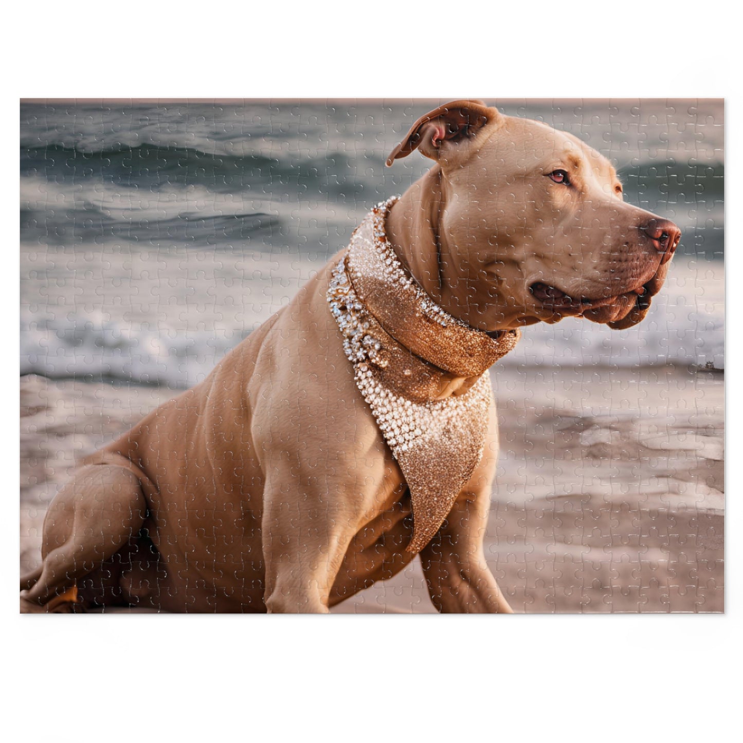 Luxury Puzzle - Brown Pit Bull Terrier on the beach with elegant brown scarf. Exquisite Design (Satin-500 pcs)