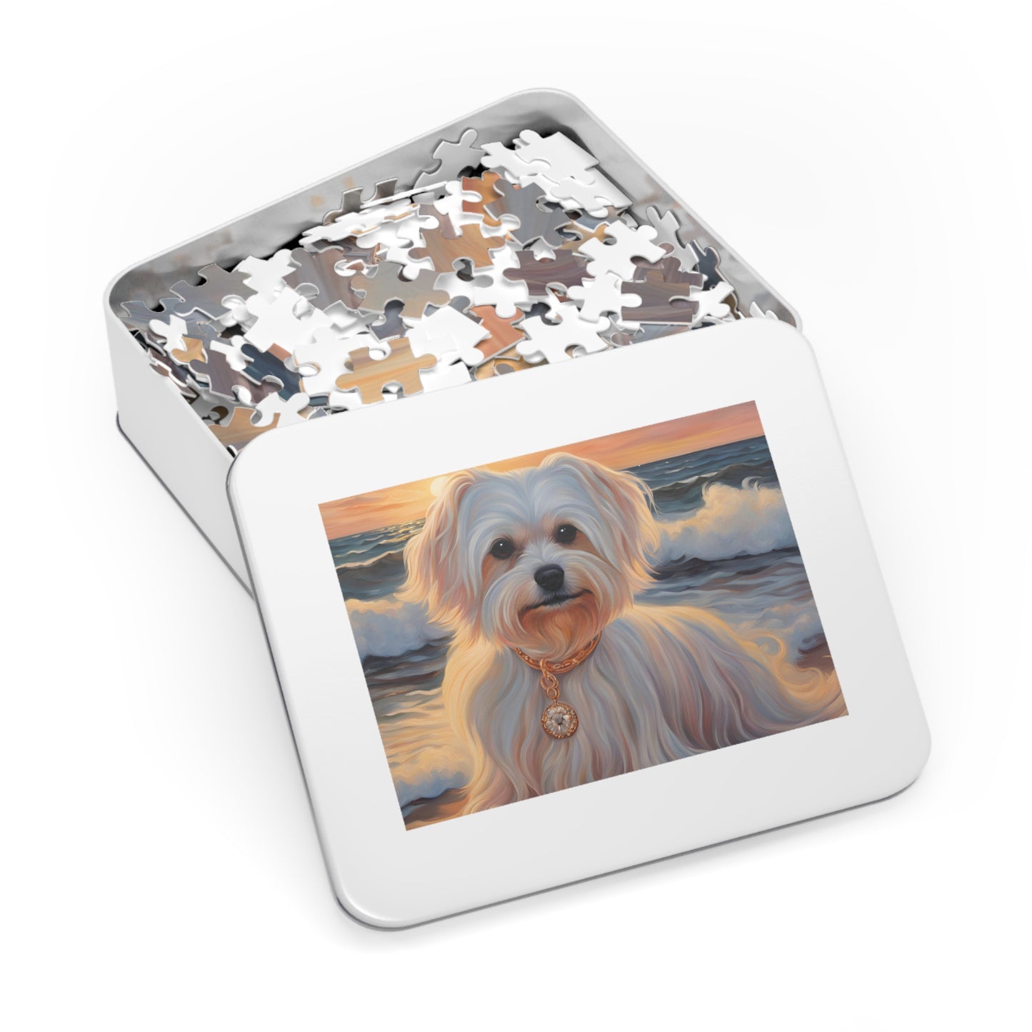 Luxury Puzzle - White Maltese with gold-pendant necklace on the beach. Exquisite Design (Satin-500 pcs)