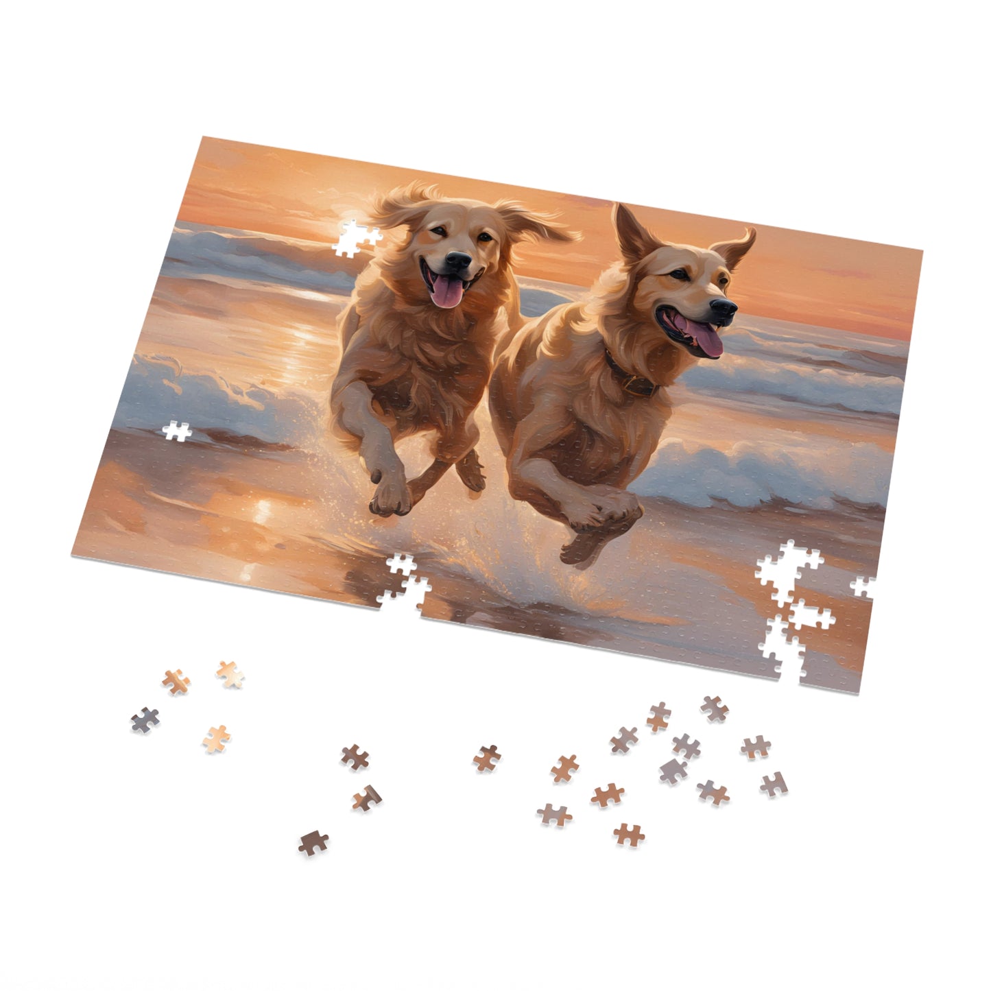 Luxury Puzzle - Two Golden Retrievers Running on the beach. Exquisitely designed painting (Satin-1000 pcs)