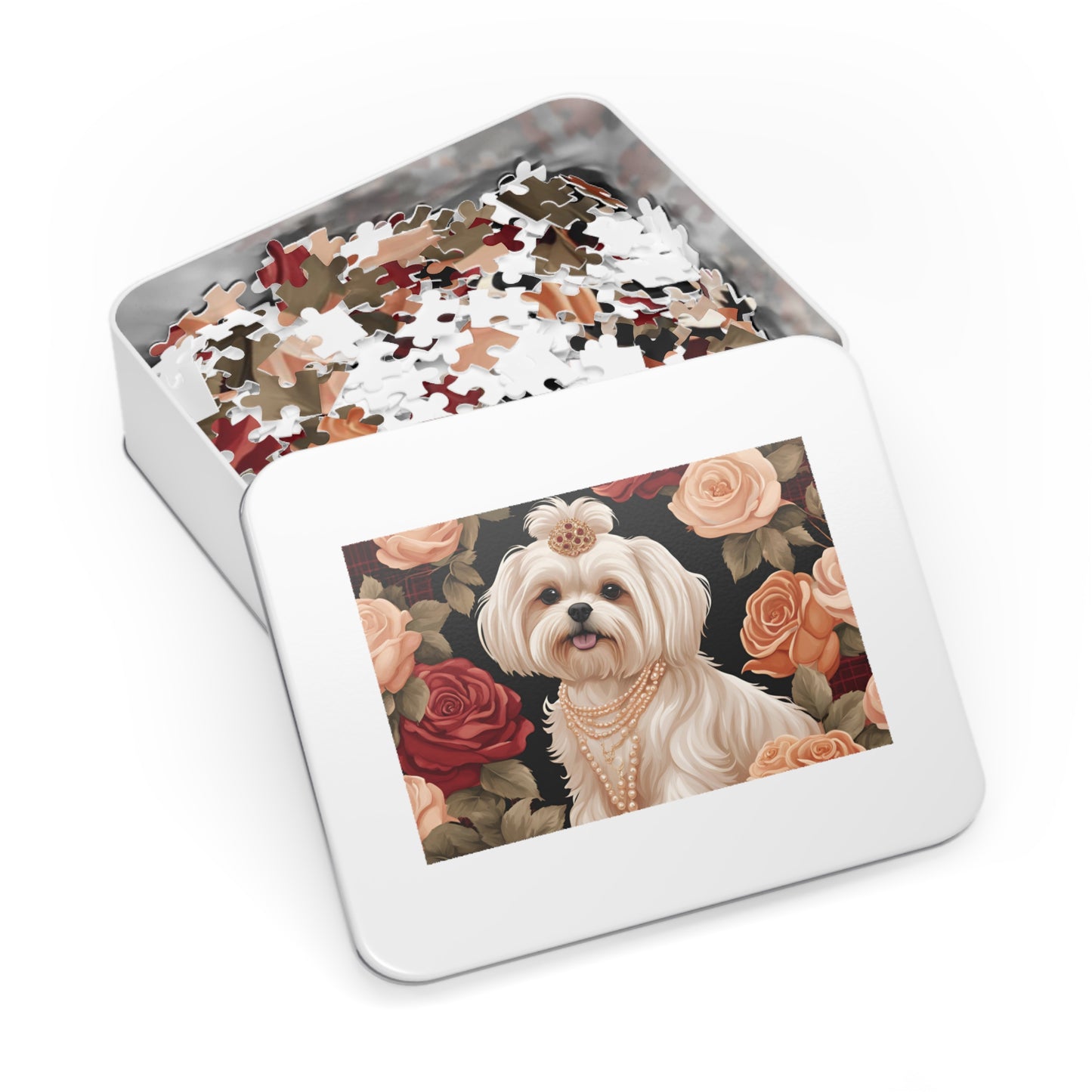 Luxury Puzzle - Shihitzu Dog with Pearls and Roses. Exquisite, Cream-Colored Design. Satin/Matte-1,000 pcs